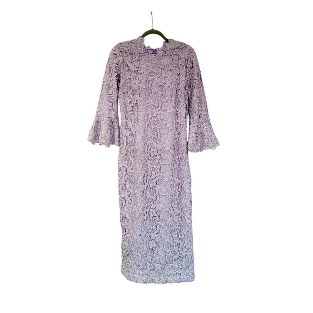 Modest Lavender Lace Bell Sleeve Gown